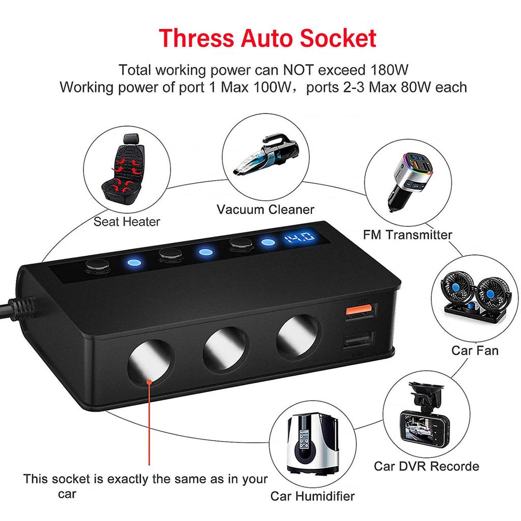 Автоматический разветвитель прикуривателя, автомобильное зарядное устройство QC 3.0 180 Вт, 12 В/24 В с 3 розетками, макс. 6,6 А, 4-портовая быстрая зарядка USB, независимые переключатели и дисплей напряжения