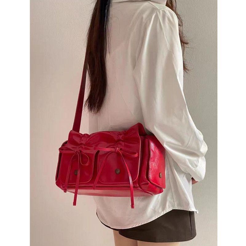 JIAERDI Sweet Cool Bow Shoulder Bags Women New Vintage Soft Leather Pocket Y2k Bag Purses Female Retro Black Handbag Aesthetic