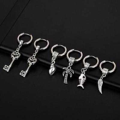 Серьги из нержавеющей стали в стиле панк серебряного цвета, серьги-кольца с рыбьими косточками и перьями дерева, ювелирные изделия