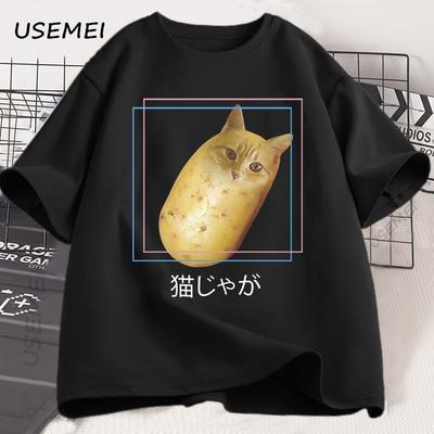 Смешная футболка с кошкой-картошкой, футболка с мемом Неко, японская китти, забавная футболка, хлопковые футболки для мужчин и женщин, повседневные оверсайз футболки, одежда