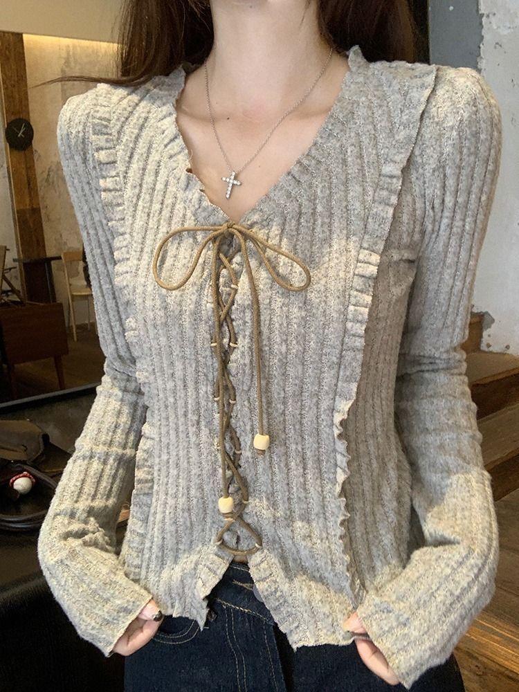 T Shirt Women V Neck Long Sleeve Polyester Slim Fit Casual Top For Streetwear And Daily Use