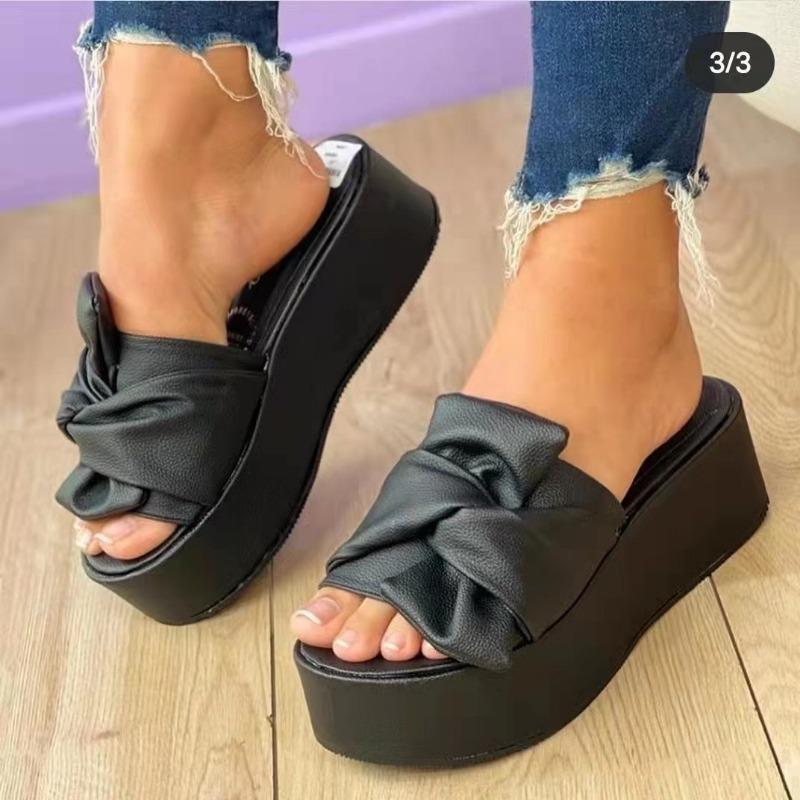 Wish Large Size Solid Color Muffin Bow One-Word Slippers Women's Thick Bottom Outer Wear Beach Sandals