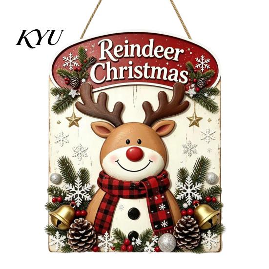Durable Wood Hanging Plaque Christmas Wooden Sign, Rustic Holiday Wall Decor with Santa Claus Farmhouse Xmas Reindeer And Snowman Patterns for