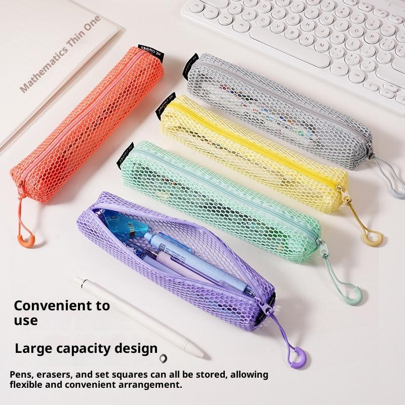 Durable Breathable Mesh Pencil Pouch See Through Design Smooth Zipper Hanging Hook for Kids Birthday Stationery Gifts