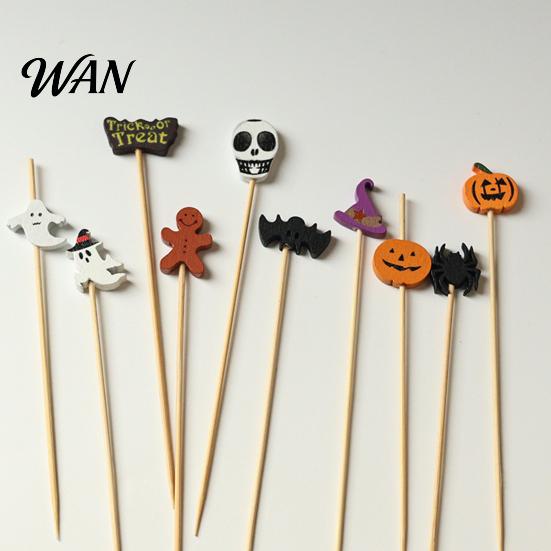 Bamboo Fruit Skewers 100PCS Disposable Cocktails Tags, Halloween Pumpkin Ghost Bat Decor Labels Skewers, Sharp Tip Party Picks for Fruits Snacks Cakes