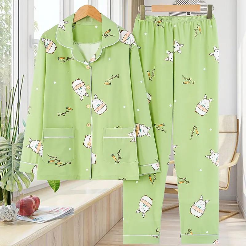 Весенне-осенне-летний хлопковый пижамный костюм для женщин и девочек с милым принтом и большим размером, тонкий домашний костюм с длинными рукавами