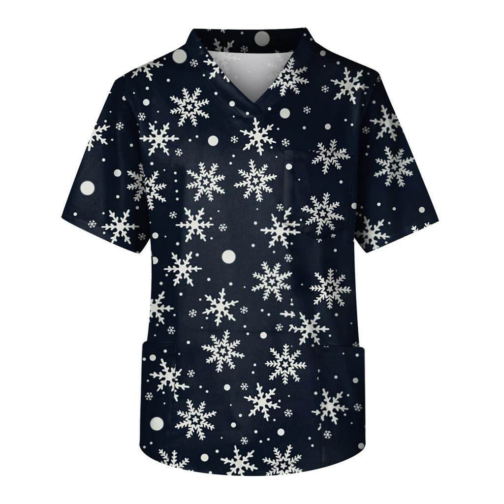 Модный мужской короткий рукав V-образный вырез рождественский принт рабочий нагрудный карман Carer Top