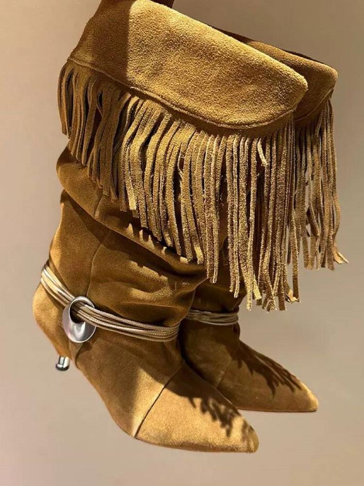 Новые женские европейские и американские остроносые плиссированные ботильоны до икры с бахромой на тонком каблуке 5 см, рыцарские сапоги, ботинки средней длины больших размеров