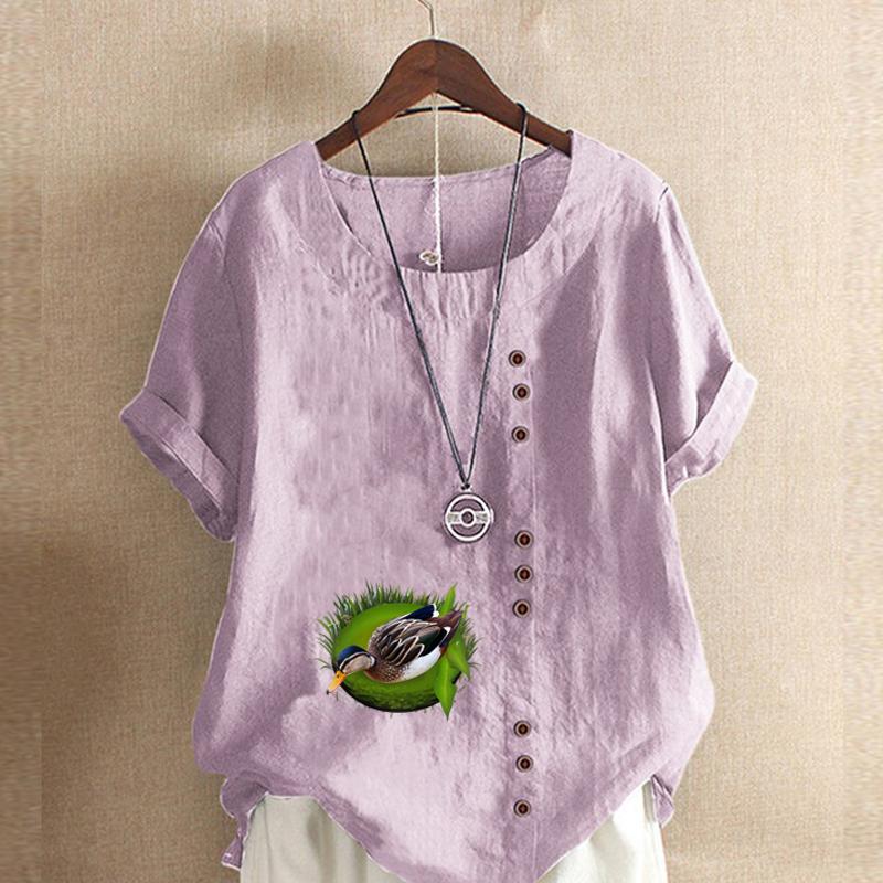 Women's Fashion Duck Prined Round Neck Short Sleeve T-shirt Casual Cotton Linen Graphic Shirt Leisure Loose Summer Blouse Tops