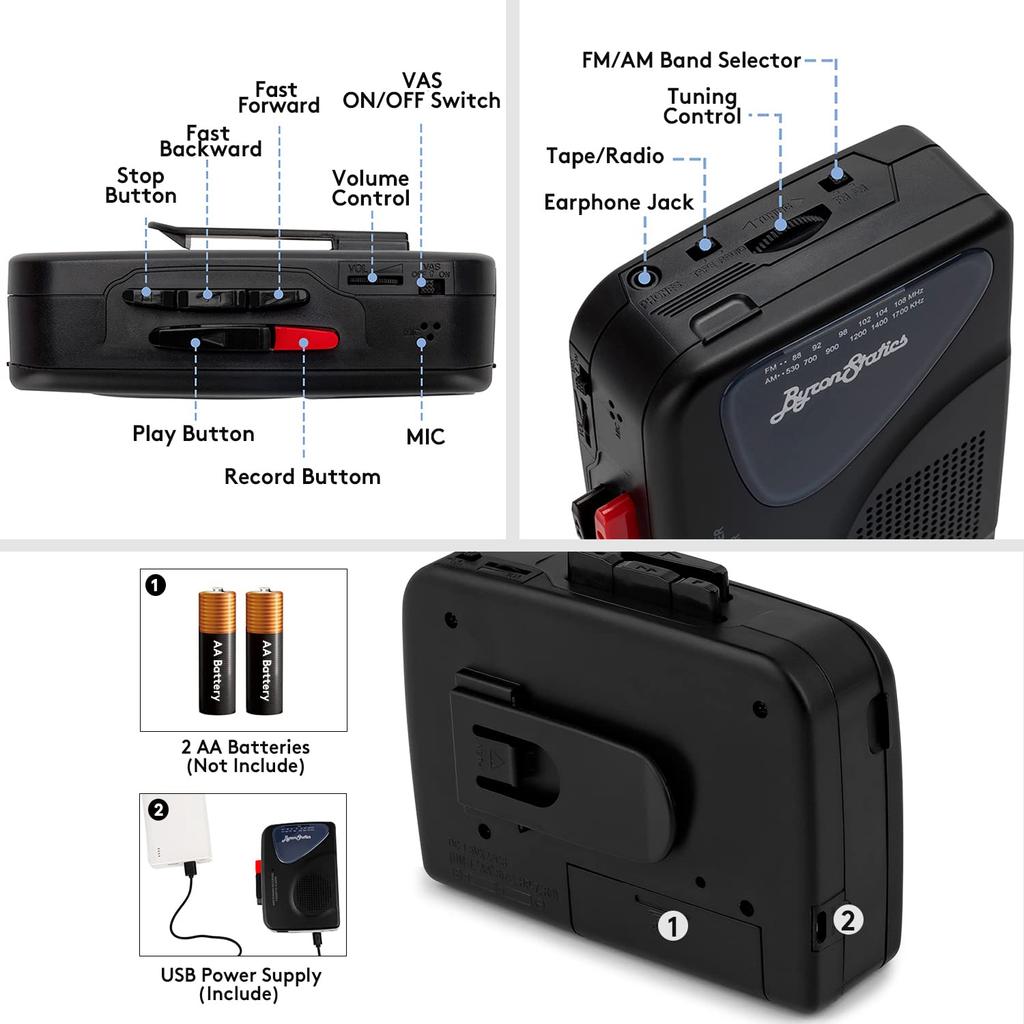 ByronStatics Портативный кассетный плеер, Внешний ручной VAS, Питание от USB/2 батареек AA, Плеер для наушников, Рекордер, FM/AM радио, Walkman, Плеер, Встроенный
