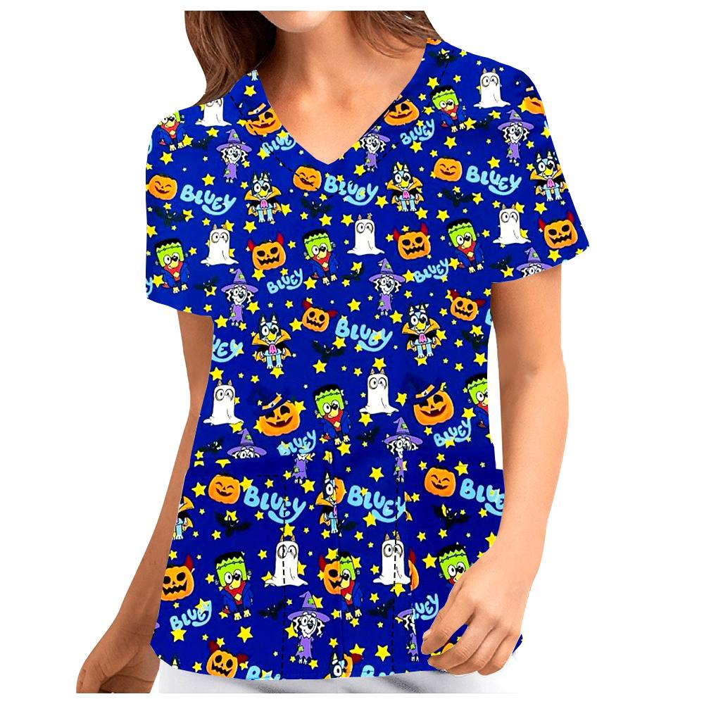 Men's Women's Summer Short Sleeve V Neck Nursing Work Clothes Disney Print Halloween Mary Cat Ophthalmology Work Uniform
