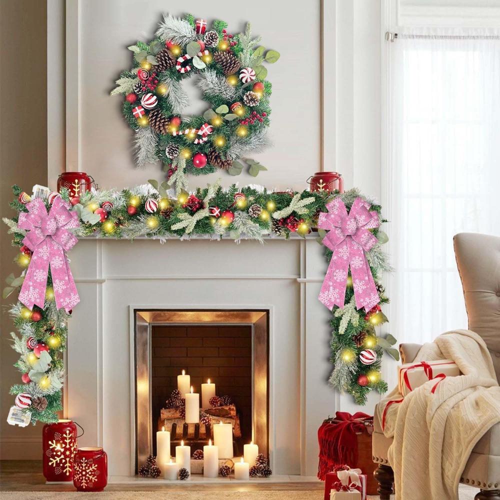 Large Pink Snowflake Christmas Wreath Bow for Front Door Wall Fence Decor Tree Topper Bow for Christmas Party Decoration Supplie
