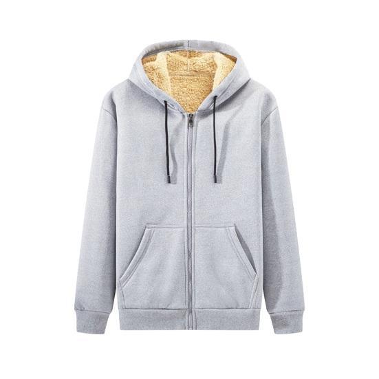 Men Fall Winter Hoodie Thick Fleece Lined Hooded Long Sleeves with Pockets Solid Color Loose Elastic Cuffs Drawstring Jacket Couple Sport Coat