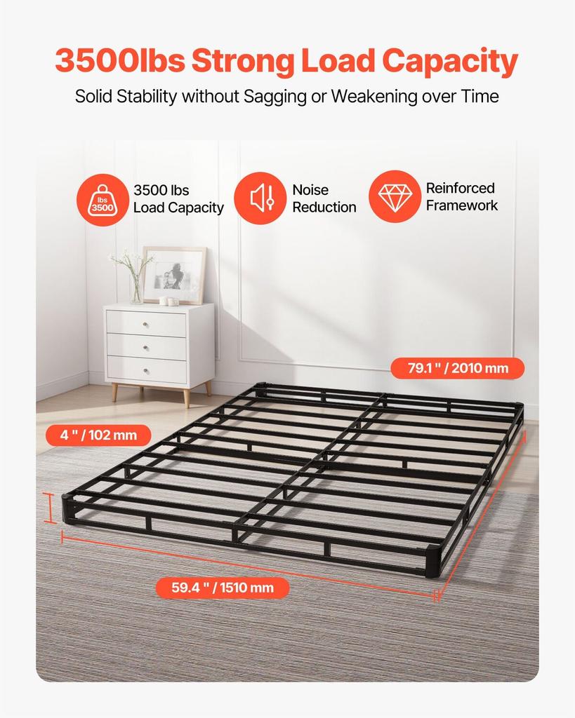 Box Spring, Queen Size Bed Frame with Washable Fabric Cloth, Heavy Duty Metal Frame for Queen Bed, 102 mm Mattress Foundation, 1587.57 kg Max Weight