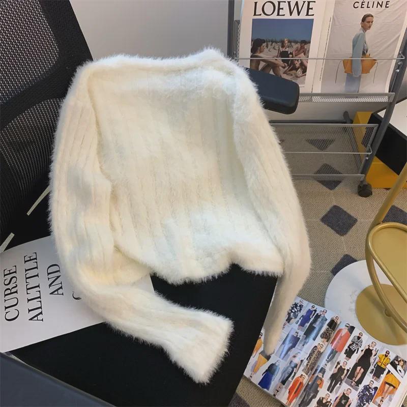 Женский осенний вязаный кардиган розового цвета с V-образным вырезом - имитация норки, милая вышивка, омолаживающий, мягкий короткий топ