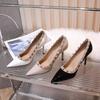 Fashion 2025Lady Lock Studs Sexy Real Authentic Leather Trendy Fashion Shoes Pointy Toe Shiny Pumps