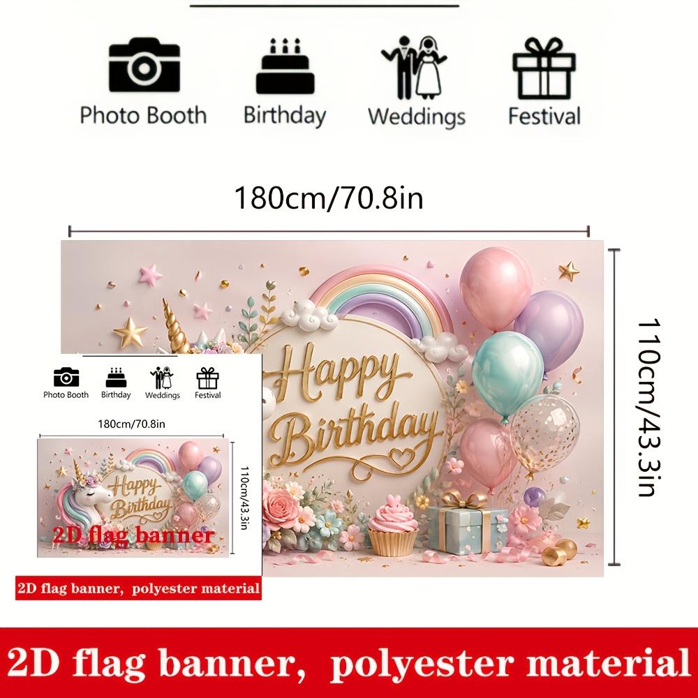 Unicorn Birthday Banner Backdrop Macaron Balloons Rainbow Flowers Stars Polyester