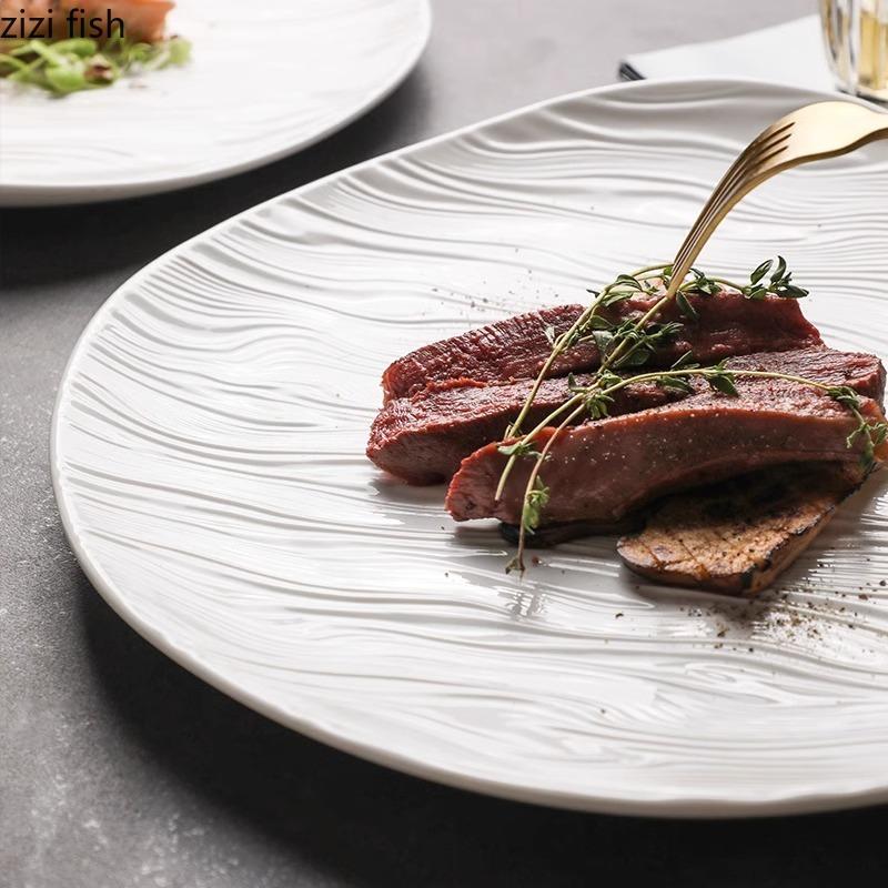 Керамическая мелкая тарелка с эффектом водной ряби, белая, нестандартная, салатная тарелка, тарелка для стейков, десертные тарелки, креативная посуда для ресторана