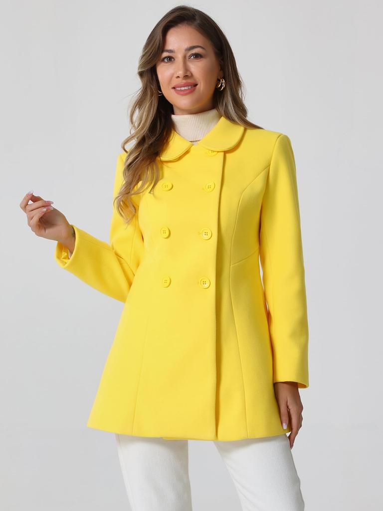 Allegra K Women's Double-Breasted Trench Coat with Round Collar, Long Sleeves, and Cold Weather Protection for Fall and Winter, Yellow, Size L