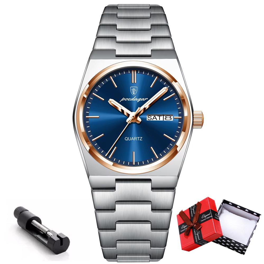 POEDAGAR Роскошные часы для женщин, элегантные кварцевые часы, водонепроницаемые, светящиеся, с датой и неделей, женские часы из нержавеющей стали