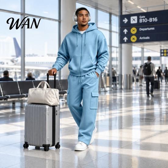 Easy Care Machine Washable Sportswear 2Pcs/Set Men Tracksuit Set, Hooded Jacket Cargo Jogger Sweatpants Everyday Lounge Wear Sets Solid Color