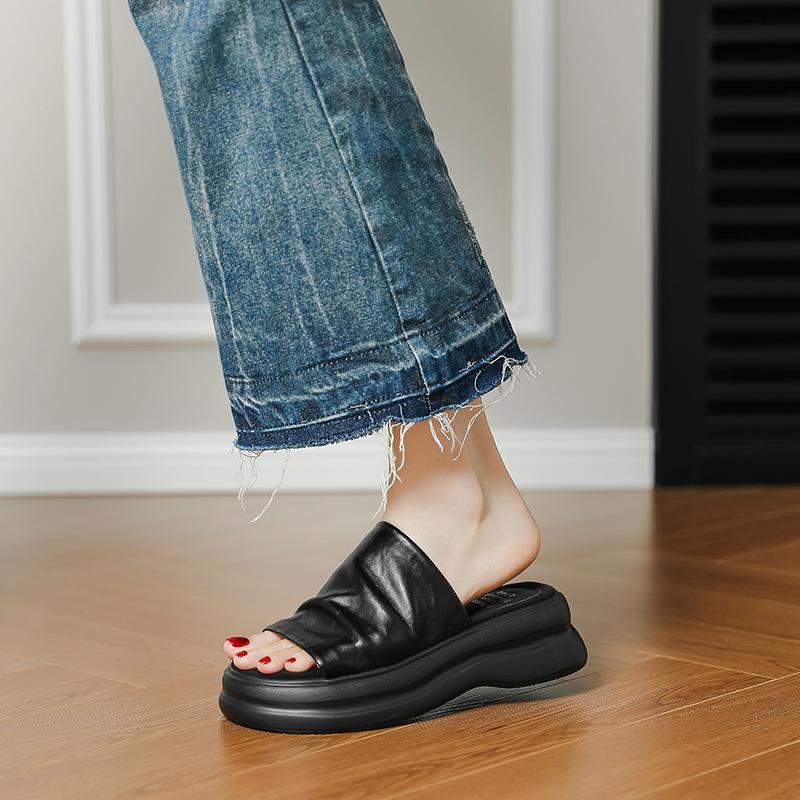 Pleated feeling~ versatile slippers women's thick-soled outer wear is comfortable and not tired, cool feet slippers women's retro open-toe one-wo