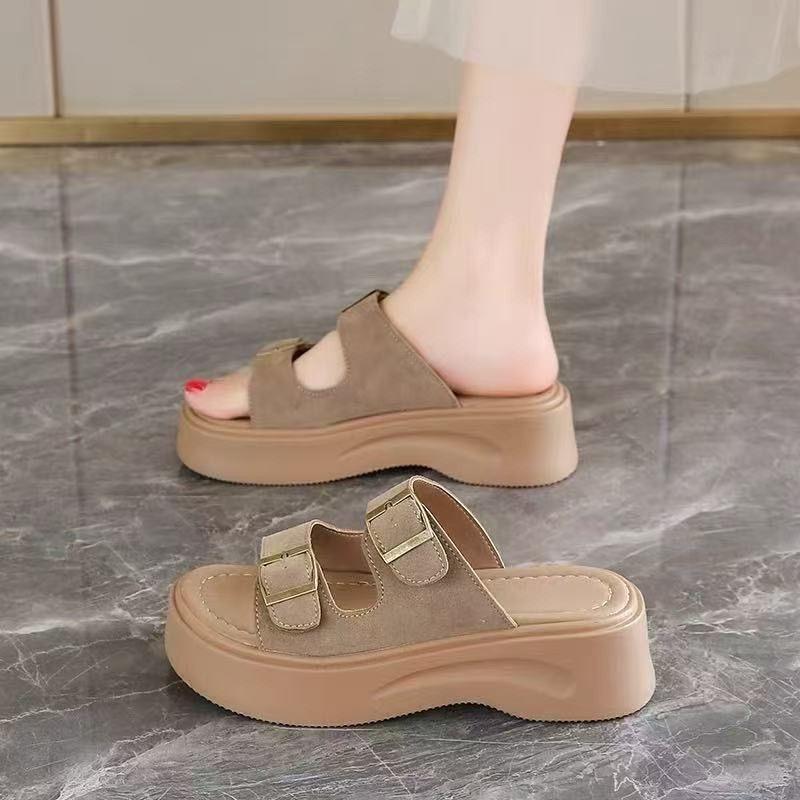 Leather Slippers Women's New Summer Wear One-word Drag Thick-soled Non-slip Beach Sandals