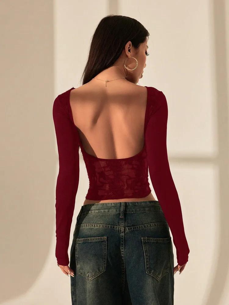 Crop Top Phumee Backless Lace Stitching Long Sleeve AE195