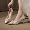 2025 Silk Floral Stiletto Bridal Shoes: Pointed Toe Wedding Heels for Brides