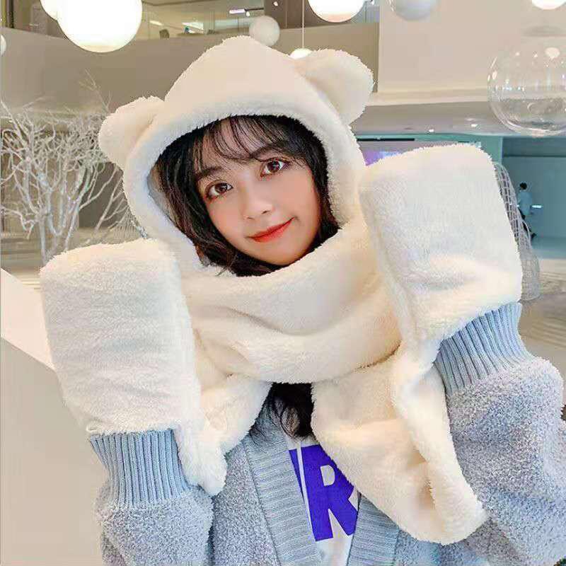 Winter Women One Piece Scarf Cap Winter Thick Warm Hat Scarf Gloves Windproof Anti-cold Girls Cartoon Bear Lamb Fleece Beanie