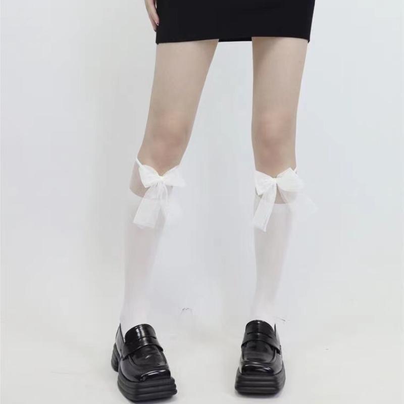 Белые кружевные чулки Jk с пэчворком средней длины, детские весенне-летние тонкие белые чулки с бантом, носки Лолита для теленка