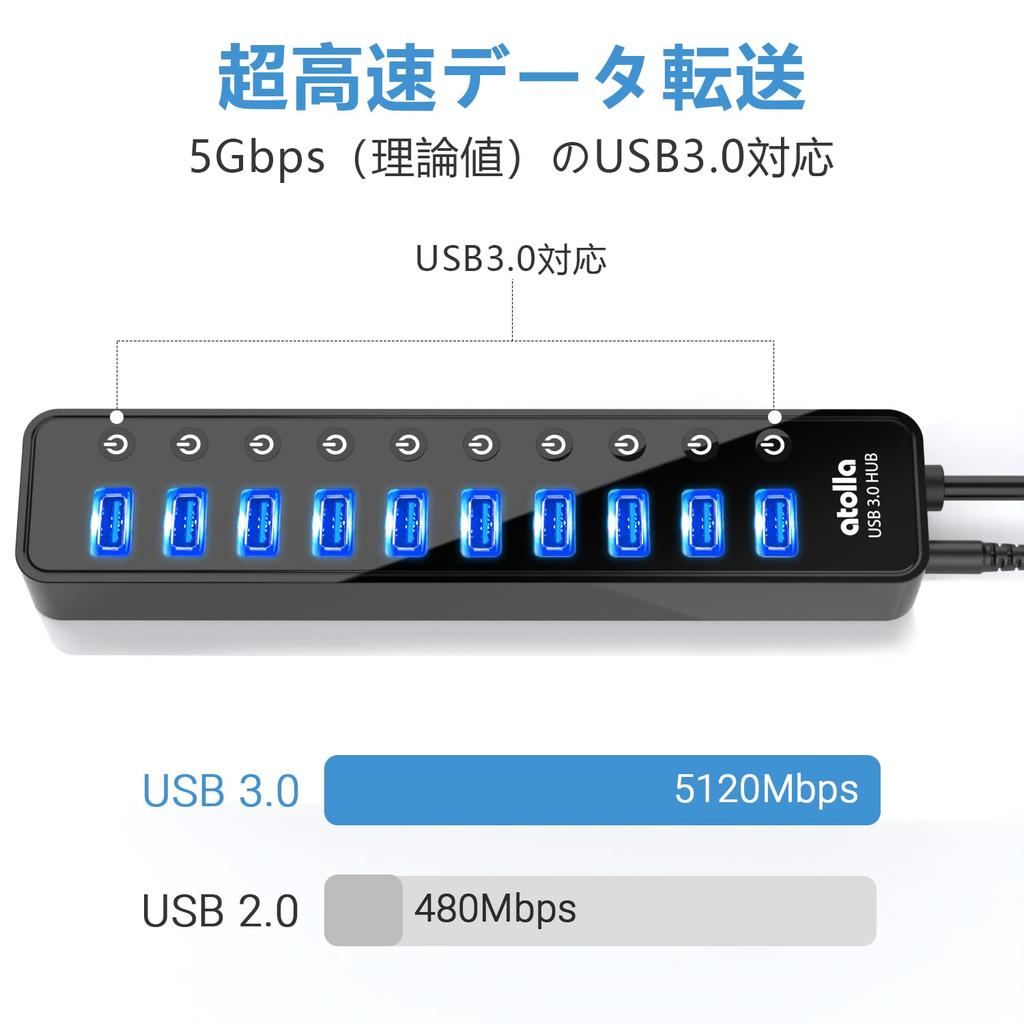 Hub with Power Supply Atolla USB Hub 10 Ports USB Hub USB Hub 5Gbps High Speed Data Transmission Expansion with Independent Switch AC Adapter