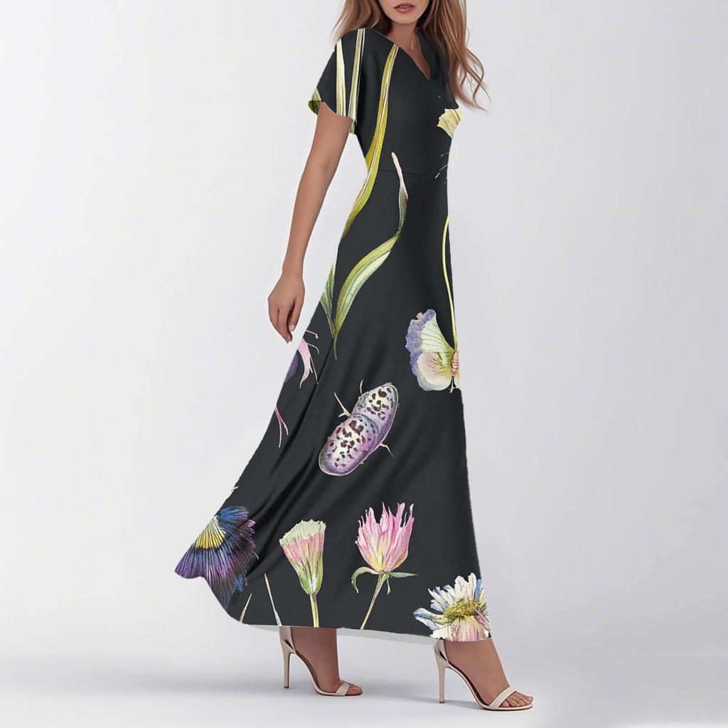 Женское летнее повседневное модное ретро-платье с цветочным принтом и коротким рукавом