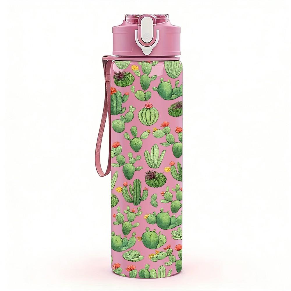 1PC Green Cactus Desert Plant Pattern 750ml Color Plastic Sports Water Bottle Leakproof Flip Straw Lid Suitable for Sports Office Home Use
