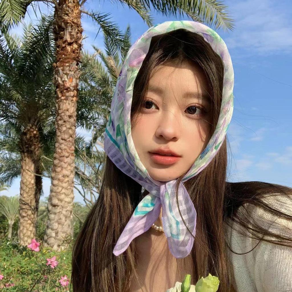 French Lace Triangle Scarf with Beige Floral Design, Retro Headscarf, Hairband, Bag Accent, and All-Match Ribbon Scarf