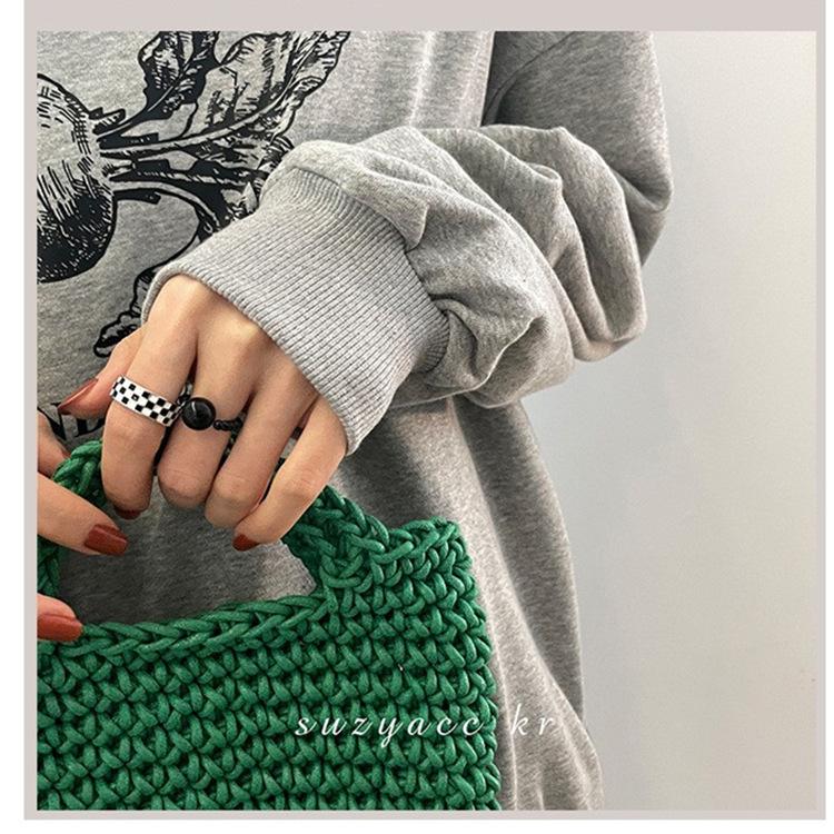 Korean Style S925 Sterling Silver Black & White Checkered Ring: Women's Retro Open Finger Hip Hop Fashion Index Finger Accessory.