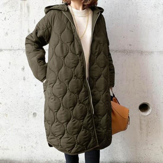 Fall Winter Women Jacket Hooded Zip-up Rhombus Texture Thin Padded Long Sleeves