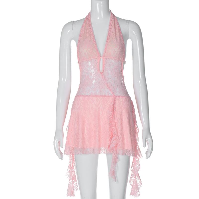 Sexy Hollow Out Deep V Backless Cocktail & Evening Dresses Spicy Girl Style Short Piece Spliced Ribbon Hanging Neck Lace Dress