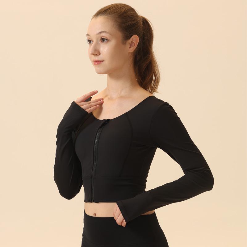 Женский топ для йоги с открытой спиной, длинным рукавом, передней молнией и вставками на груди - Быстросохнущий, облегающий, для бега и фитнеса