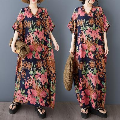 2025 Летнее платье больших размеров Женское повседневное платье Свободное базовое цветочное длинное макси винтажное льняное платье