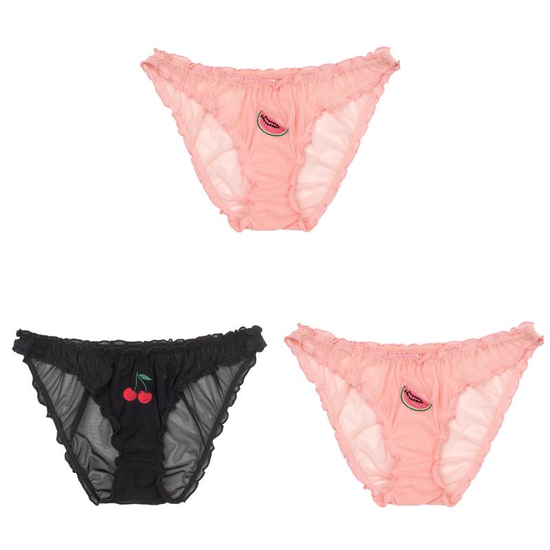 3PCS/Set Women Sexy Lace Lingerie Temptation Low-waist Panties Fruit Ins Embroidery Transparent Briefs Seamless Sweet Underwear
