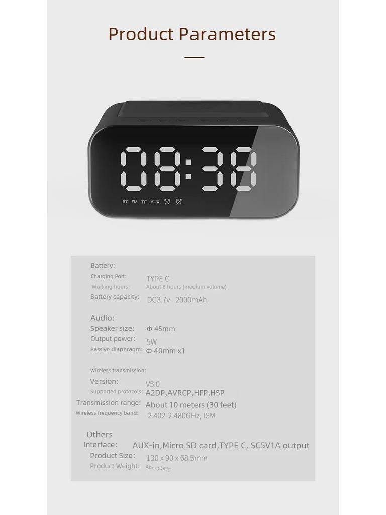 Retro LED Clock Bluetooth Speaker with 15W Wireless Charging for Hotels