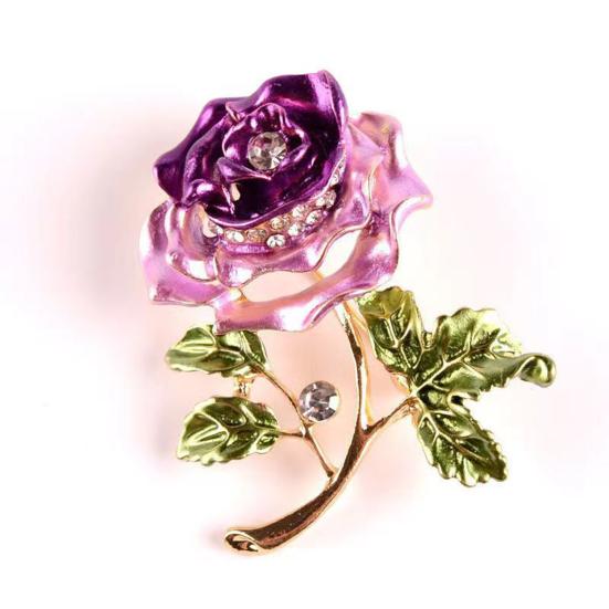 Rose Flower Brooch Green Leaves Rhinestone Oil-Dripping Vintage Sparkling Gift Elegant Business Suit