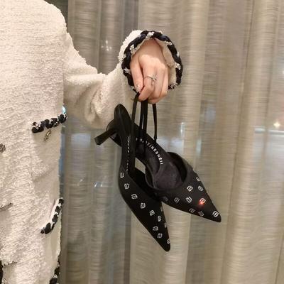 2025 лето новые туфли на высоком каблуке со стразами черные с закрытым носком сандалии женские тонкий каблук острый носок два способа носки крутые шлепанцы женская обувь