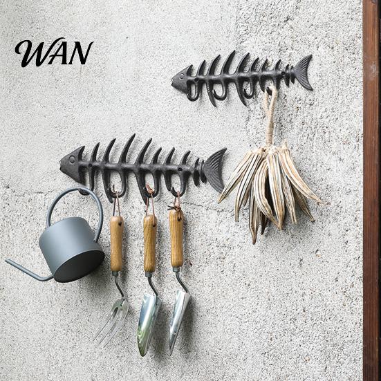 Garden Tool Hanger Fish Bones Wall Mounted Towel Rack, Stylish Cast Iron with 4 Key Holder Mount Hooks for Towels Robes, Waterproof Rust-Resistant