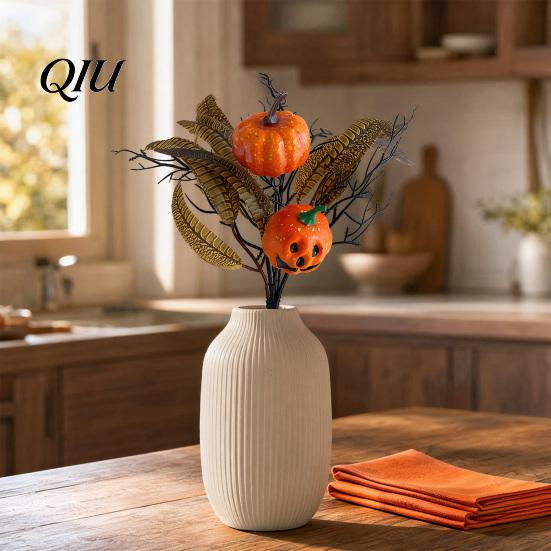 Matte Black Rose Stems Halloween Flowers Bouquet Decorations, Artificial with Pumpkin Eucalyptus Maple Leaf Vase Filler Floral Stems, Indoor Branches