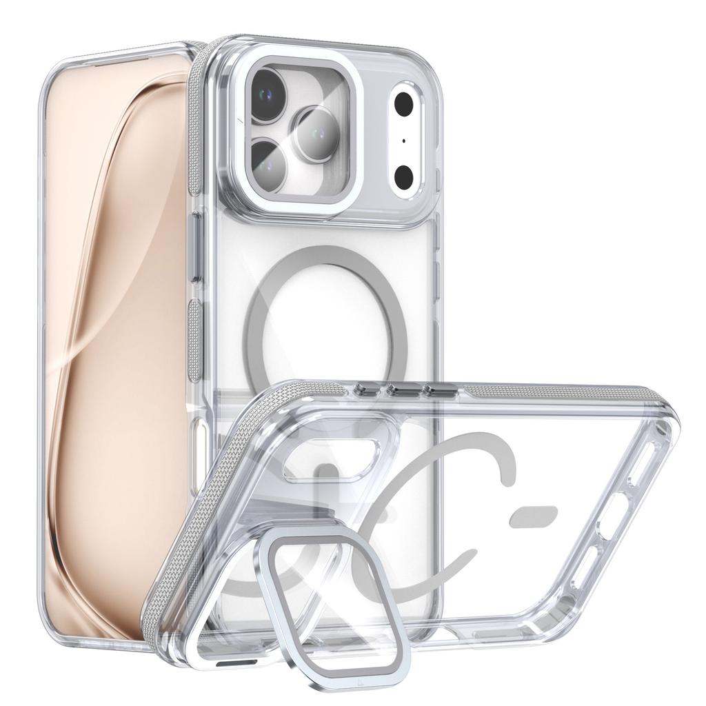 For iPhone 17 Pro Magnetic Case TPU Acrylic Clear Phone Back Cover with Lens Protector Kickstand