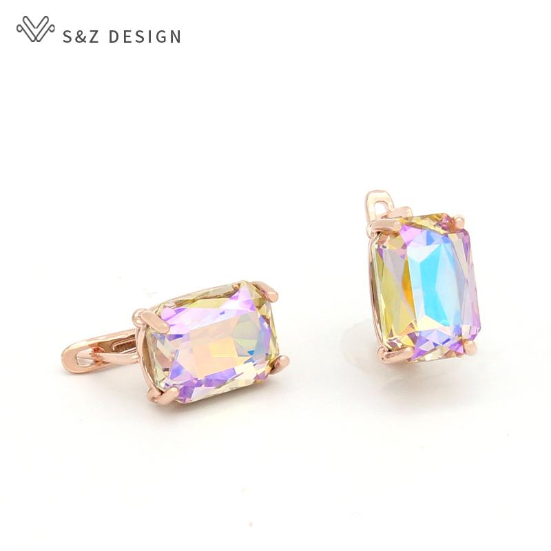 Fashion Colorful Rectangular Crystal Drop Earrings For Women Wedding Jewelry Rose Gold Color Eardrop
