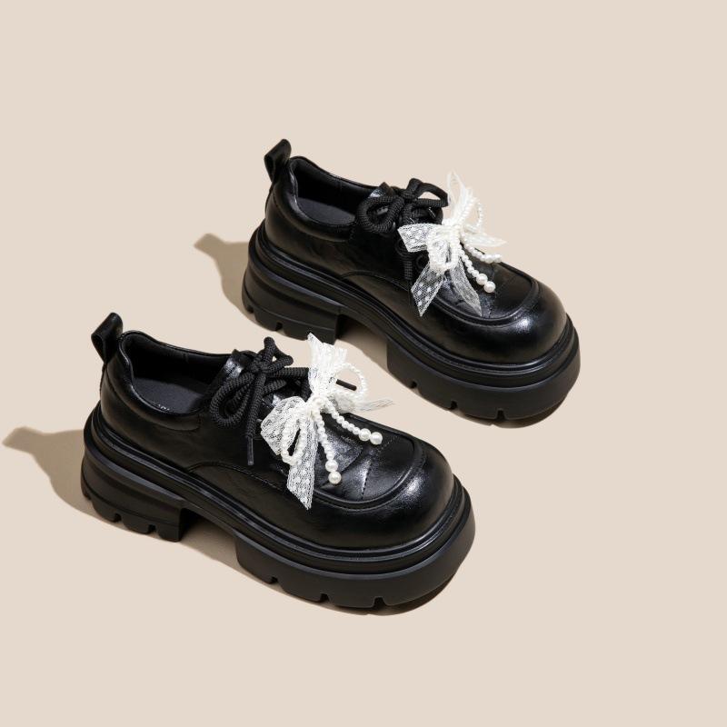 Spring and Autumn new British style platform versatile women's shoes black soft-soled small leather shoes heightening single shoes
