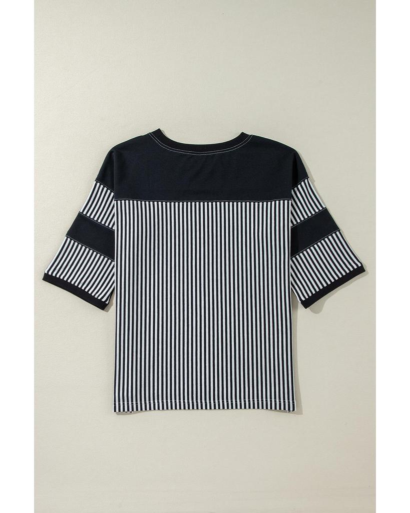 Azura Exchange Black White Striped Patchwork 3/4 Sleeve Oversize Top